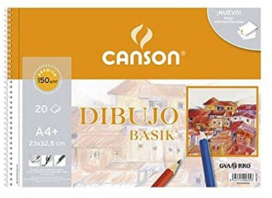 Canson Dibujo Basik, Papel de dibujo blanco, Grano fino, 150gsm, Espiralados sobre el lado corto, 23x32,5cm, Blanco natural, 20 Hojas
