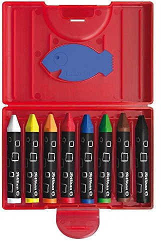 Pelikan 722942 Wachsmalstifte, wasserfest, Kunststoff-Etui mit 8 dicken dreieckigen Stiften / Spar-Set (Wachsmalstifte + Zeichenblock DIN A3)
