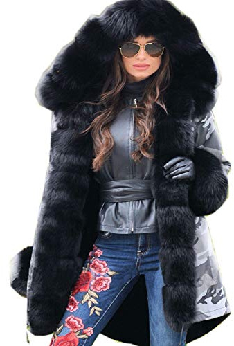 Roiii Women Thicken Warm Winter Coat Hood Down Parka Faux Fur Outdoor Overcoat Long Jacket Outwear, Grey Camo Black, M