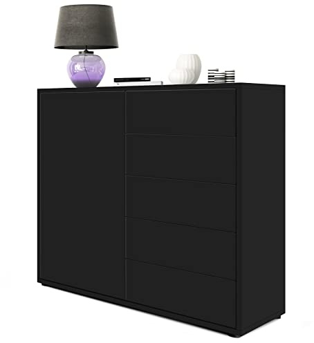 Vladon Sideboard Ben V2, Made in Germany, Kommode mit 1 Tür und 5 Schubladen, Schwarz matt/Schwarz matt (79 x 74 x 36 cm)