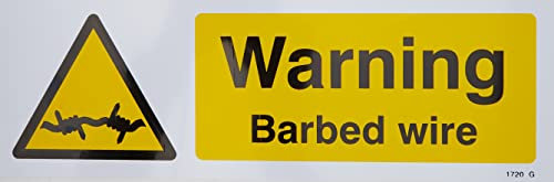 Caledonia Signs 11720G Warning Barbed Wire Sign, Rigid Plastic, G: 300 mm x 100 mm