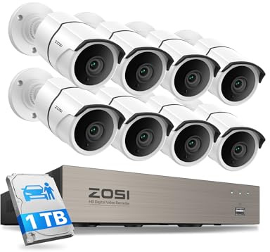 ZOSI 3K Lite Home Security Camera System with Audio, AI Human/Vehicle Detection, Night Vision, 8pcs 1920TVL Outdoor Metal Bullet Cameras, 8CH H.265+ CCTV DVR with 1TB HDD for 24/7 Recording