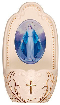 Holy Water Font - Miraculous Porcelain Holy Water Font & Lourdes Prayer Card (30194)