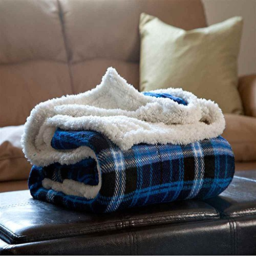 Lavish Home (Blue) Reversible Plaid Fleece 50 x 60-Inch Machine-Washable Sherpa Throw – Cozy Blanket for Couch, Chair, or Bed, 50 x 60