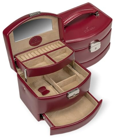 Windrose Automatik-Schmuckkoffer Merino/rot - Hochwertige Handarbeit - Breite 17 cm - Lederoptik