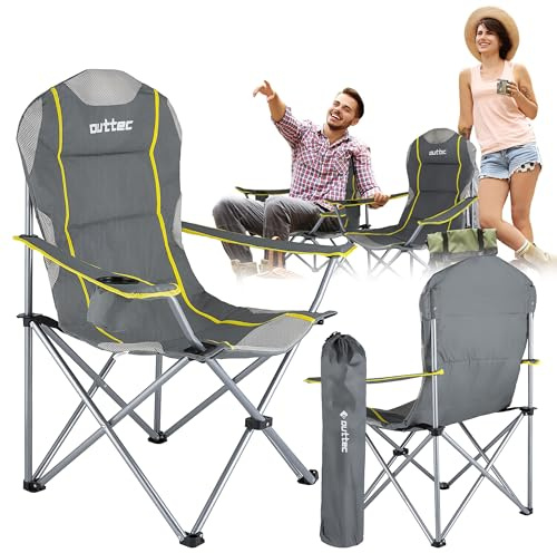 Outtec Silla de Camping Plegable hasta 130kg, Silla reclinable Respaldo Alto, Silla de Camping con portavasos y Bolsa de Transporte, Silla Plegable Camping, Silla de Pesca, Accesorios Camping, Gris