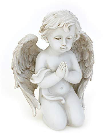 TEMPELWELT® Deko Engel Figur Grabengel Betend 14 cm, Polystein Altweiß Antik Weiß Dekoengel Trauernd Grabschmuck Engelkind Grabstein
