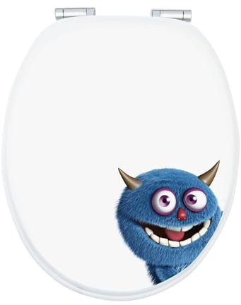aquaSu® WC-Sitz mit Absenkautomatik, lustiges Dekor Monster Ecky, Toilettensitz mit Holzkern & Fast Fix Schnellbefestigung, universale O Form, Metallscharnieren, Toilettendeckel witzig, 40276 7