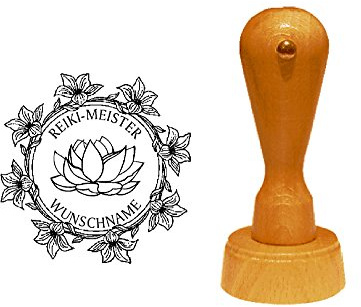 Stämpel trästämpel adressstämpel « reiKI lödblommor » diameter ca Ø 40 mm – med personlig adress och motiv – Qi livsenergi Chi Japan Asien Lotus