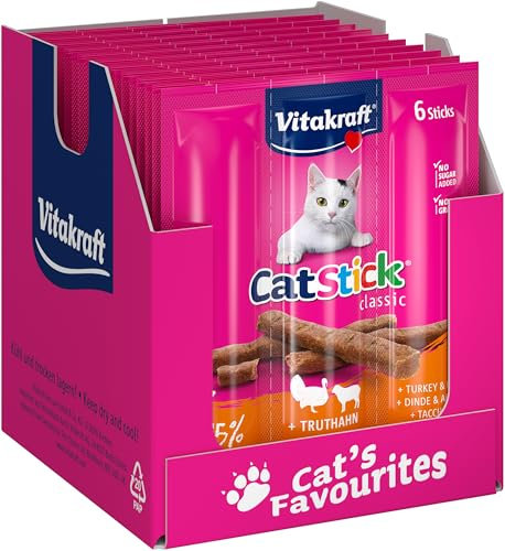 Vitakraft Cat Stick Classic, Katzensnack, fleischige Mini-Sticks, mit Truthahn und Lamm, in Vorratsgröße, ohne Zusatz von Zucker und Getreide (10x 36g)