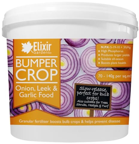 Elixir Gardens Bumper Crop Onion, Leek & Garlic Food | 500g-25kg Weights Available in Bags & Tubs | Bulb Root Fertiliser & Plant Feed | 1kg Tub | Treats over 14sqm