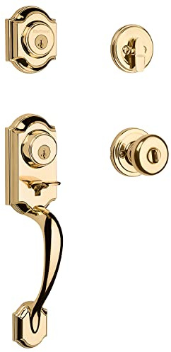 Kwikset Montara Front Door Lock Handle and Deadbolt Set, Entry Handleset Exterior with Interior Door Knob, Polished Brass, Pick Resistant SmartKey Rekey Deadbolt Security