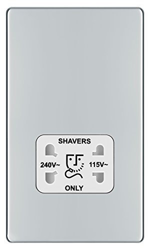 BG Electrical Dual Voltage Shaver Plug Socket, Electric Toothbrush Charger Socket for Bathrooms, Screwless Front Plate, Premium Flatplate, 2-Pin, Polished Chrome, White Inserts, 115V / 240V, FPC20W