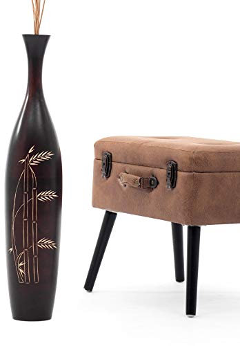 Leewadee Große Deko Bodenvase Für Dekozweige, Hohe Standvase Für Pampasgras, Design Holzvase, 65 cm, Braun