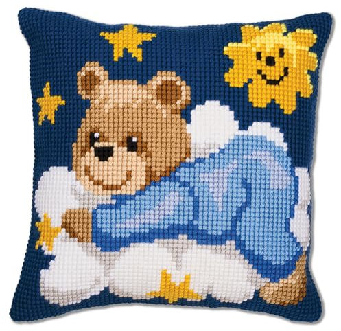 Vervaco Kreuzstich Stickpackungen Kissen Stickerei Set Anfänger Vorgedruckt Blauer Bär auf Wolke DIY Set Kreativ Set Für Erwachseneca. 40 x 40 cm Bastelset Handwerker Haus Dekoration