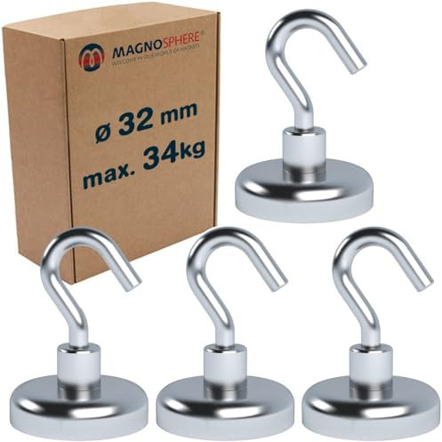 Magnosphere Magnethaken Extra Stark 34 kg Starke Neodym Magnet mit Haken Hakenmagnete Magnetische Haken Ø 32 mm für Küche Camping Grill Dekor Büro Lager Werkstatt Montage Kreuzfahrt - 4 Stück