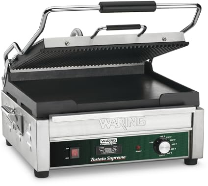 Waring Commercial WDG250T Tostato Supremo Ribbed Top Plate and Flat Bottom Plate Large Surface Panini Grill, With 20 Minute Timer, 120 V, 1800W, 5-15 Phase Plug
