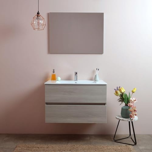 Kiamami Valentina Mobile Bagno Sospeso 80 Cm Berlin Olmo Leone Con Lavabo | Due cassetti con chiusura ammortizzata, specchio 80x60 cm incluso, base 80x44x50,6 cm, finitura legno chiaro