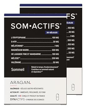 ARAGAN Synactifs Lot de 2 Somactifs - Complément Alimentaire Sommeil Adulte - Mélatonine, Mélisse, Valériane, Huiles essentielles, Magnésium - 60 gélules- 15 jours à 1 mois de prise Fabriqué en France