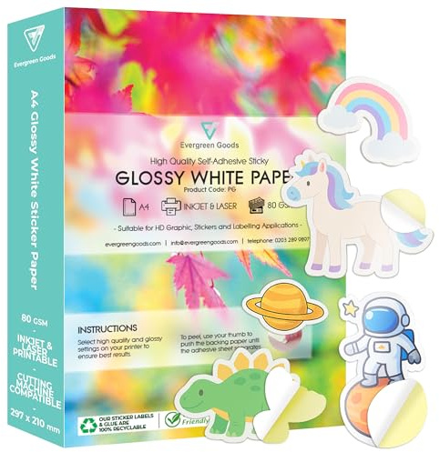 50 Sheets Glossy White Printable Sticker Paper A4 | Inkjet & Laser | Create & Print Your Own Stickers, Product Labels, Sticky Paper for Cricut