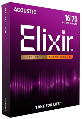 Elixir® Strings 80/20 Bronze Akustiska gitarrsträngar för 8-strängad gitarr, med NANOWEB®- coating, Medium (.016-.070)