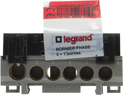 Legrand LEG92783 - Morsettiera di distribuzione fase con 5 morsetti, per cavi da 6 a 25 mm + 1 per cavi da 10 a 35 mm, colore: Nero