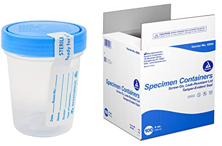 Dynarex Specimen Containers, 4 oz., Sterile, Bulk Packaged Specimen Cups with Clear Blue Lid, 1 Box of 100 (Packaging May Vary)