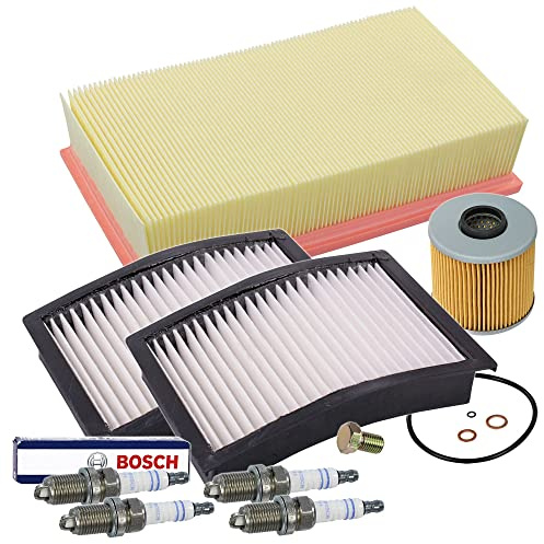 BESTPRICE Inspektionspaket Filterset mit 1x Luftfilter, 2x Innenraumfilter, 4x Zündkerze Super Plus FR7LDC+, 1x Ölablassschraube mit Dichtung Kompatibel mit BMW 3er Compact (E36)