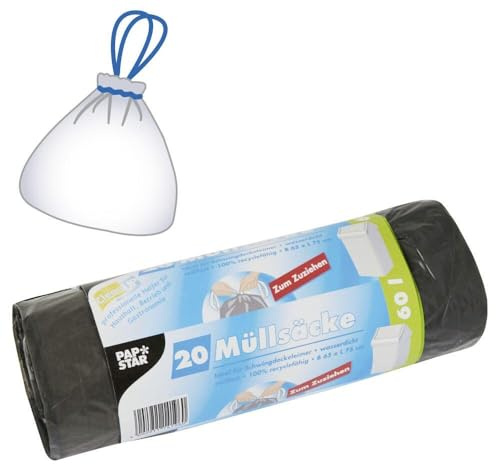 Papstar 14196 - Bolsas de basura (20 unidades, 60 L, polietileno de baja densidad 22 my) con cordón de sujeción, 75 x 65 x 75 cm, para cubos de basura, cubos de basura, cubos de pedal y contenedores similares (20 unidades), color gris