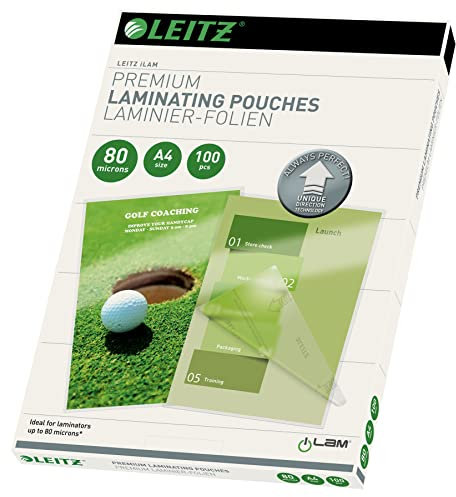 Leitz Heißlaminierfolien A4 80 mic, Laminierfolien in Premium-Qualität im 100er Pack, Glänzend, Transparent, Vereinfachtes Einlegen durch UDT, iLAM, 74780000