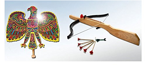 Kamenzer Spielwaren Adlerschießen Vogelschießen Klassik Set Holz mit Armbrust und 12 Pfeilen Holzarmbrust Bogenschießen Adlerschiessen Adler