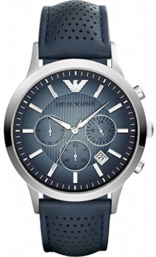 Armani Herren 43mm Chronograph Blau Leder Armband Edelstahl Gehäuse Uhr AR2473