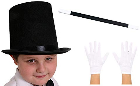 ILOVEFANCYDRESS® CHILDS MAGICIAN FANCY DRESS ACCESSORY COSTUME SET BLACK TOP HAT 55CM HEAD + MAGICIANS WAND + WHITE GLOVES KIDS MAGIC SET