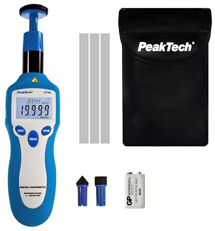 PeakTech P 2795 – Digitaler Drehzahlmesser mit Laser und Kontaktmessrad– Hochwertiger Tachometer 5 stelliger LCD-Anzeige – Drehzahlmessgerät mit automatischer Bereichswahl – Mit Memory Funktion