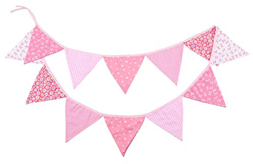 G2PLUS Double Sided Fabric Bunting Banner, Two Layer Triangle Floral Bunting, 3.3M with 12PCS Pink Floral Pennants, Cotton Shabby Chic Garland for Bedroom Brithday Tea Party Decorations