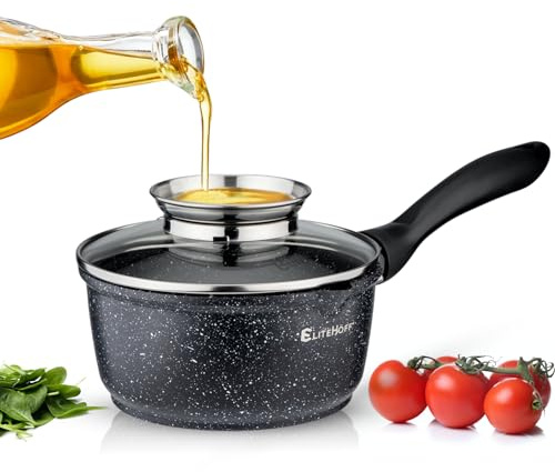 EliteHoff Kochtopf mit Deckel 16cm 1.3L, Induktion Kochtopf Klein, Stieltopf mit langem Griff, Stielkasserolle Antihaftbeschichtet, Marmorbeschichtung, Aluminium (Schwarz)