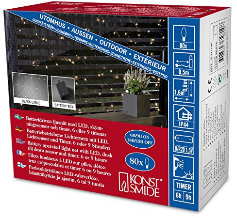 Konstsmide LED Lichternetz, mit Lichtsensor und 6h und 9h Timer, 80 warm weiße Dioden, batteriebetrieben, Außen (IP44), schwarzes Kabel, 2 x D 1.5V (exkl.) - 3727-100