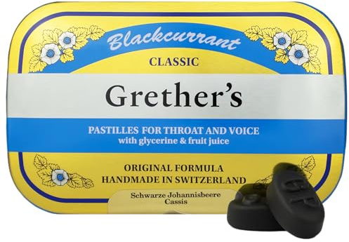 GRETHER'S Classic Blackcurrant Pastilles – Premium Swiss Throat Lozenges for Dry Mouth & Throat Comfort – Rich in Vitamin C, Intense Fruit Flavor – Gluten & Lactose Free – 2.1 oz
