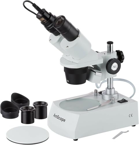 AmScope SE305R-PZ-E Digital Forward-Mounted Binocular Stereo Microscope, WF10x and WF20x Eyepieces, 10X/20X/30X/60X Magnification, 1X and 3X Objectives, Upper and Lower Halogen Lighting, Reversible Black/White Stage Plate, Pillar Stand, 120V, Includes 0.3MP Camera and Software