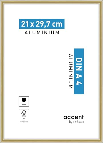accent by nielsen Aluminium Bilderrahmen Accent, 21 x 29,7 cm (A4), Gold | Aluminium Dokumentenrahmen im Hoch- & Querformat zum Aufhängen Gold glänzend Echtglas