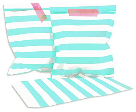 Frau WUNDERVoll® 100 PAPIERTÜTEN HELLTÜRKIS, STREIFEN 13 x 16,5 cm, 45 Gramm Papier, flach / Candy Bar, Hochzeit, Kindergeburtstag, Papiertütchen, Candybag, Tüten, Mitgebseltüten