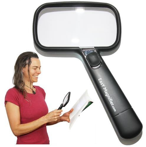 EasY Magnifier Große Lupe 2fach mit LED Licht; Leselupe; Beleuchtetes Vergrösserungsglas zum Lesen; Handlupe als Lesehilfe & Geschenk für Senioren