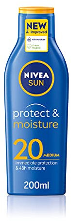 NIVEA SUN Protect & Moisture Sun Lotion SPF 20 (200 ml), Suncream with Vitamin C and Hyaluron, Provides 48 Hour Moisture and Immediate UVA/UVB Protection, Fast-Absorbing, No White Cast Formula