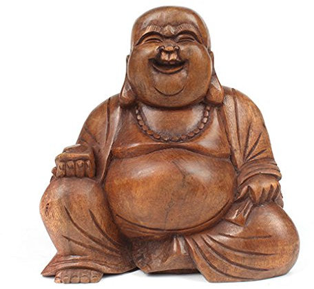 Bouddha Rieur en Bois sculpté à la Main - Statue Heureuse - Gros Ventre - 17 cm
