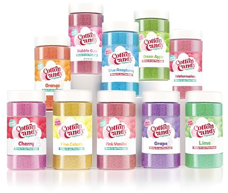 Cotton Candy Express Floss Sugar Variety Pack, 10 - 11oz Plastic Jars of Pina Colada, Orange, Bubble Gum, Grape, Watermelon, Green Apple, & More