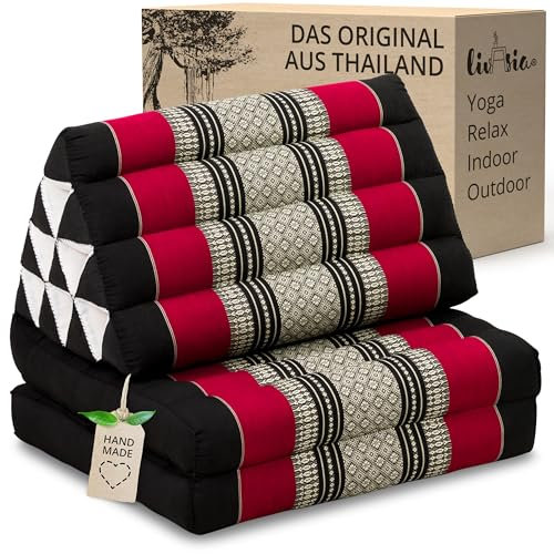 livasia Thaikissen mit 2 Auflagen - 120x50x8cm - Dreieckskissen mit Sitzkissen, Keilkissen mit Kapok, Rückenkissen faltbar, Thaimatte zum Klappen, handgefertigt, Meditationskissen (Schwarz/Rot)
