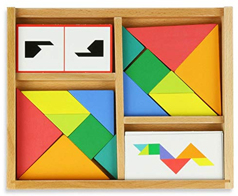 Tangram Battle Mehrfarbig Gesellschaftsspiel Kinder 5+ aus Holz | Geometrische Teile zum Zusammensetzen -mehrere sich steigernde Herausforderungen -fördert Logik und Kreativität -Geschenk