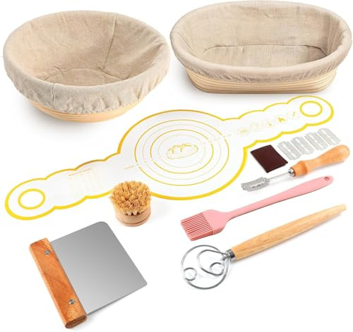 DOYOLLA Bread Proofing Baskets Set of 2, 10 inch Oval & 8.5 inch Round Dough Proofing Bowls w/Liners Perfect for Sourdough Bread Baking, Bakers Baking, Gifts for Bakers, Bread Making Kit