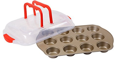 Art and Cook 12 Cup Muffin Pan with Easy Storage Lid, 16 x 10.5, Champagne