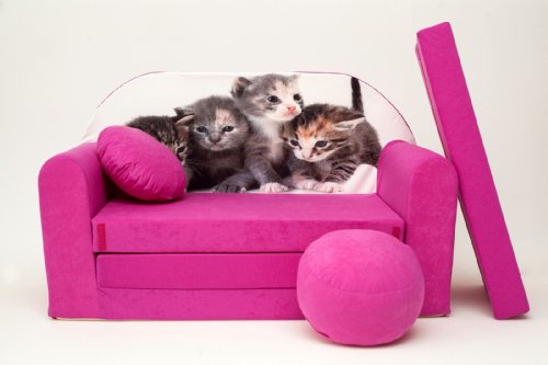 Pro Cosmo Divano letto pieghevole per bambini con funzione letto Perfetto per giocare e dormire - Con materasso, cuscino e pouf sfoderabili - 98x168x59 cm (H6) Rosa - Gattini